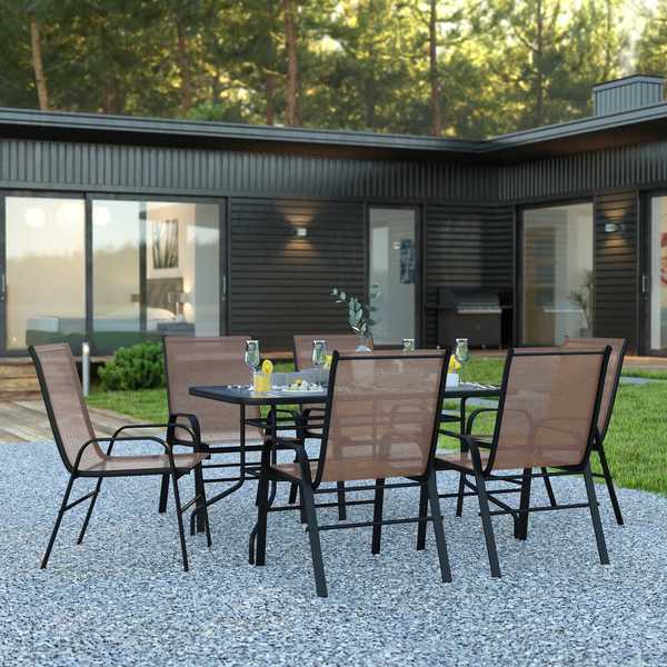 Flash Furniture 7PC Patio Set-55" Glass Table, 6 Brown Chairs TLH-089REC-303CBN6-GG